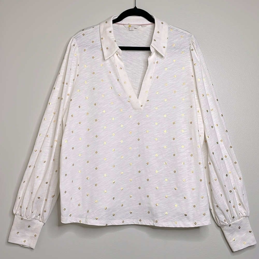 Boden Ivory Gold Metallic Flowers Long Sleeve Cotton Shirt Size 20/22